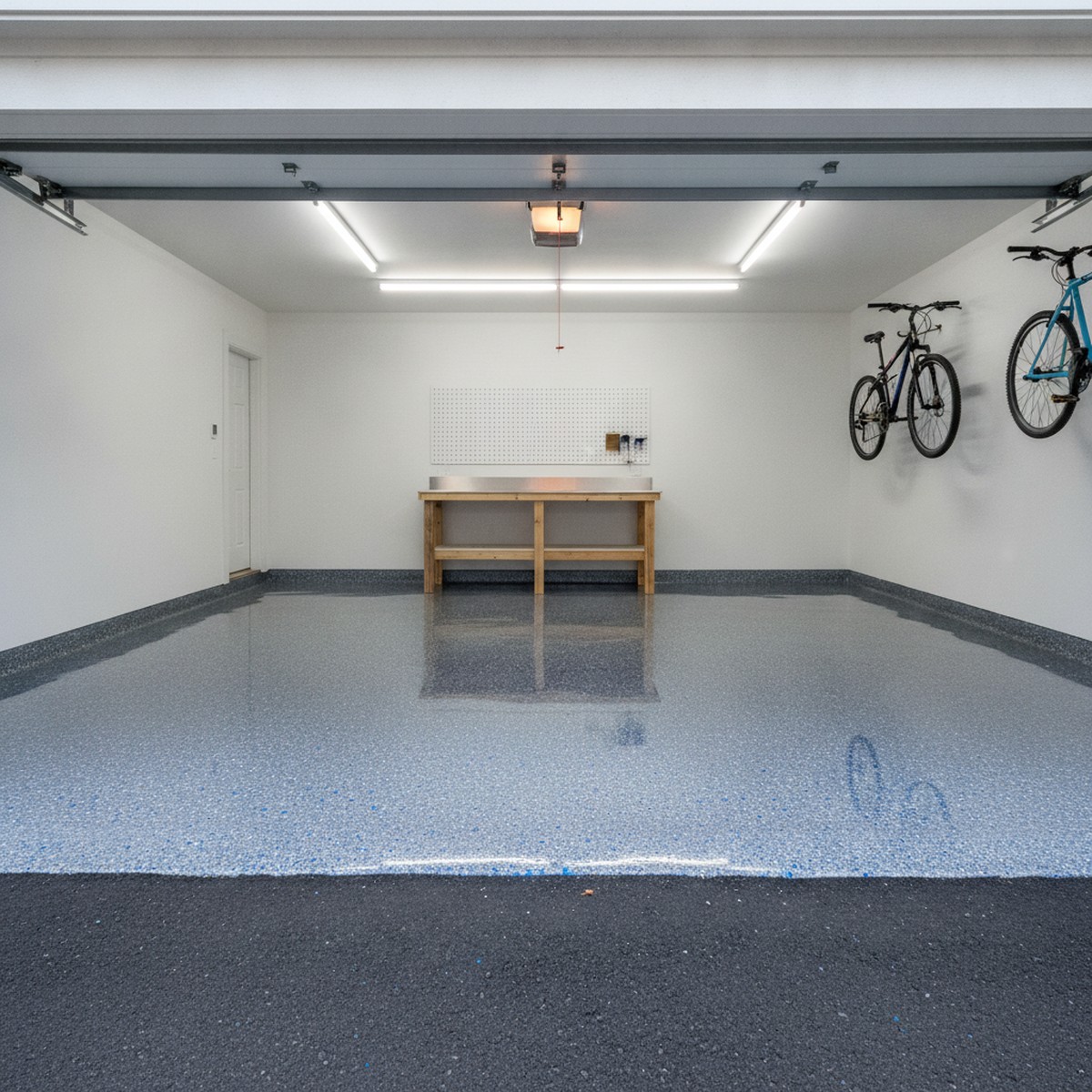 The same garage floor after a glossy flake epoxy coating