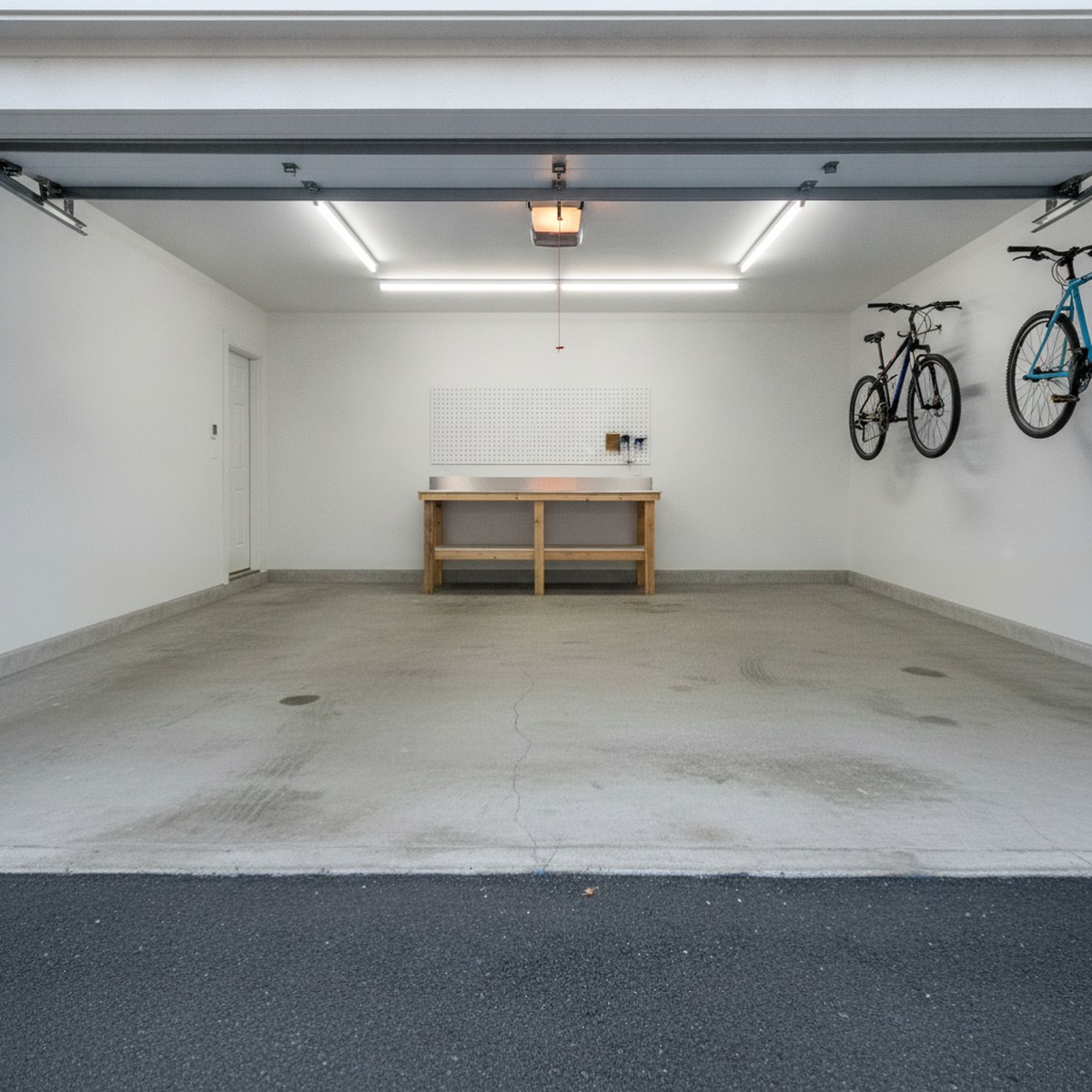 A worn, oil-stained bare concrete garage floor before coating