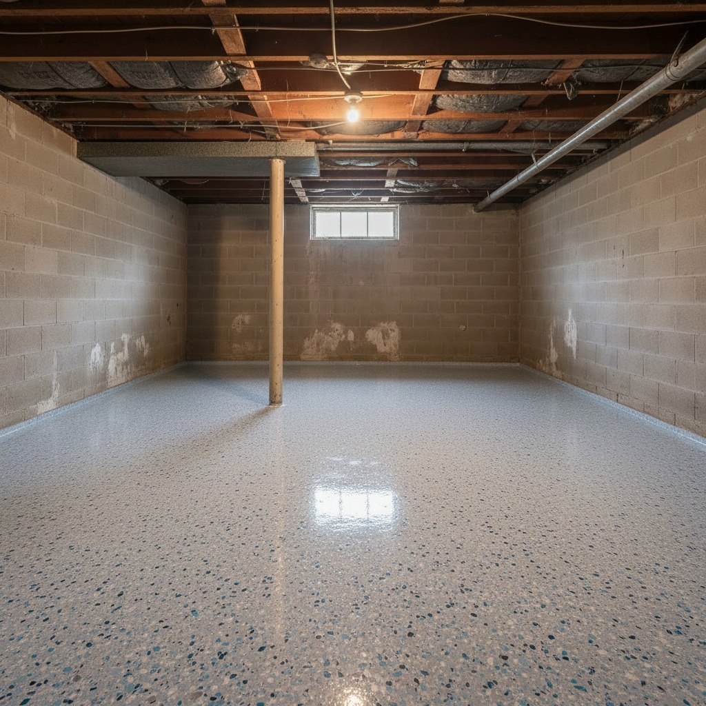 The same garage floor after a glossy flake epoxy coating