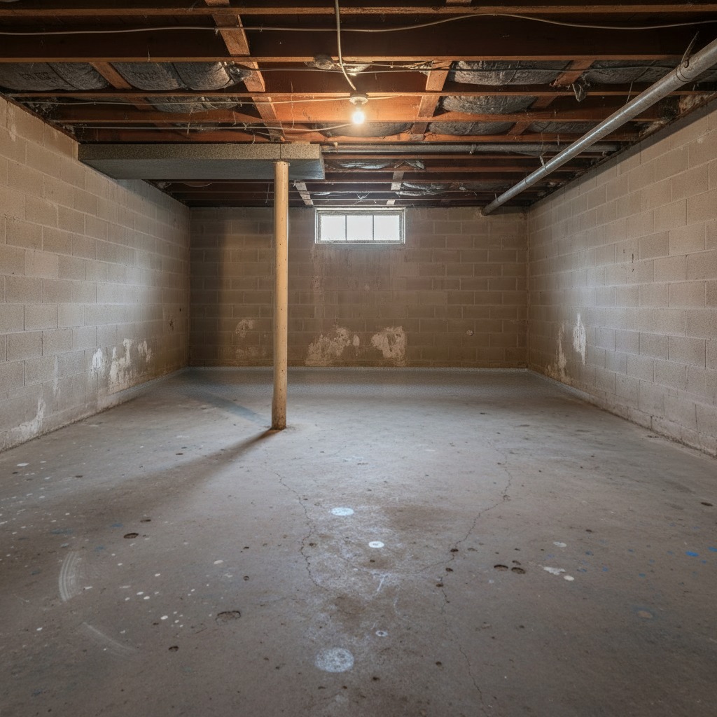 A worn, oil-stained bare concrete garage floor before coating