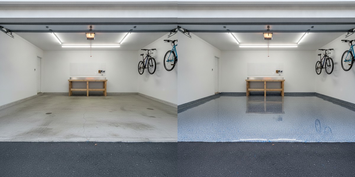 Before and after garage floor epoxy in Boise