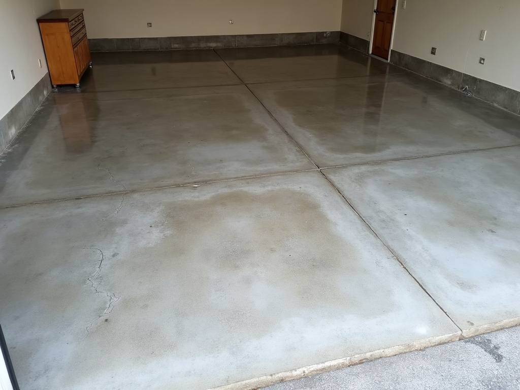 A worn, oil-stained bare concrete garage floor before coating