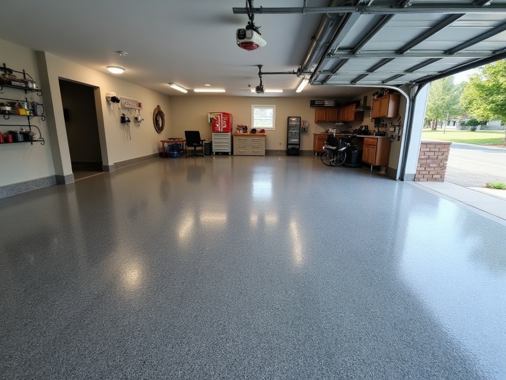 A glossy speckled flake epoxy coating on a clean residential garage floor in Boise